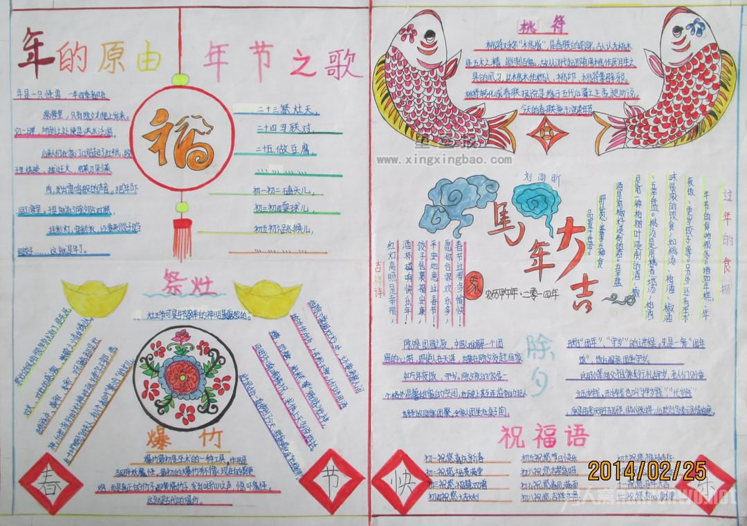 图》、《天官赐福》、《五谷丰登》、《六畜兴旺》、《迎春接福》等精典的彩色年画、以满足人们喜庆祈年的美好愿望。 小学生手抄报 我国出现了年画三个重要产地:苏州桃花坞,天津杨柳青和山东潍坊;形成了中国年画的三大流派,各具特色。 我国现今我国收藏最早的年画是南宋《随朝窈窕呈倾国之芳容》的木刻年画,画的是王昭君、赵飞燕、班姬和绿珠四位古代美人。民间流传最广的是一幅《老鼠娶亲》的年画。描绘了老鼠依照人间的风俗迎娶新娘的有趣场面。民国初年,上海郑曼陀将月历和年画二者结合起来。这是年画的一种新形式。这种合二而